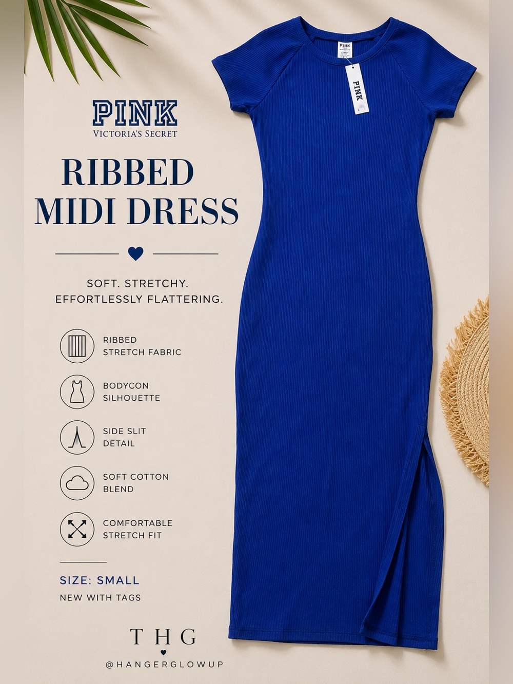 PINK Ribbed Midi Dress Blue Side Slit Bodycon Maxi NWT Small